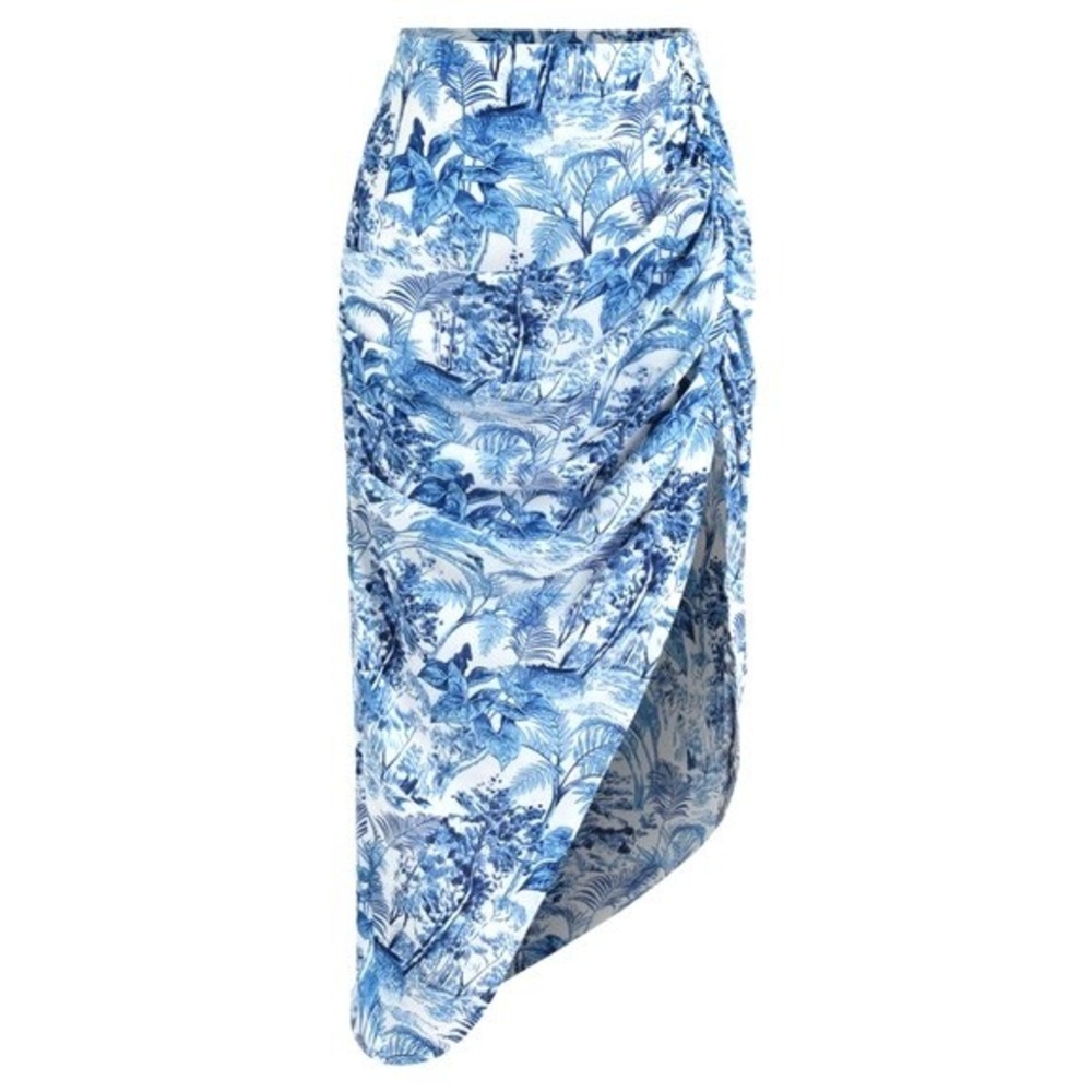 Cider Blue White Toile de Jouy Tropical Ruched‎ Asymmetrical Midi Skirt Large